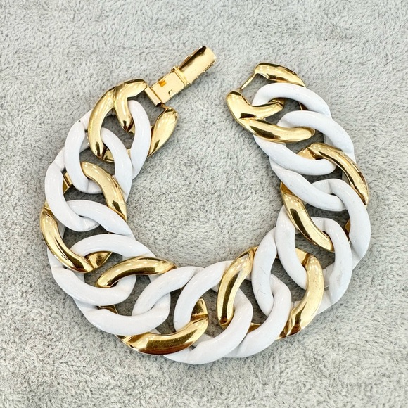 Napier Jewelry - Vintage Signed Napier Shiny Gold Tone White Enamel Chunky Chain Link Bracelet